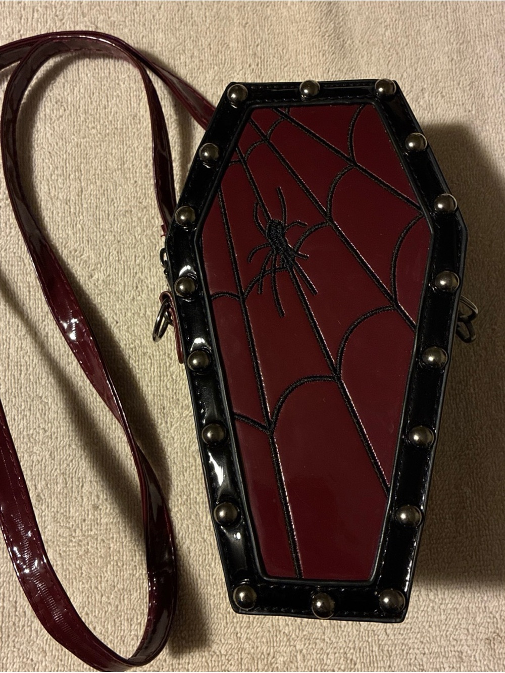 Gothic Coffin Spider Crossbody Bag in Deep Burgundy 8x4” Gothcore/alt EUC